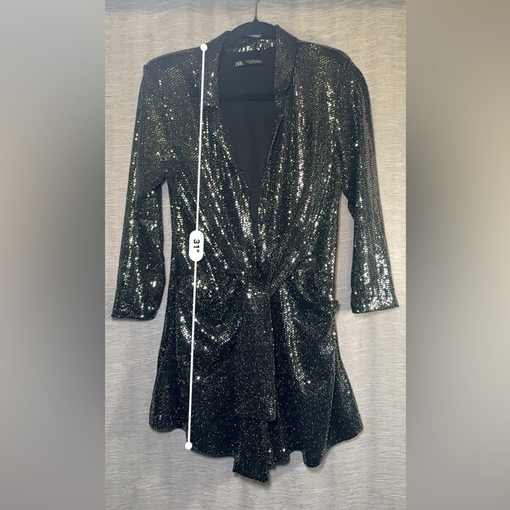 Zara Black Button Front Sequin Detail Lined Romper Holiday New Years Eve Size M - Picture 6 of 8